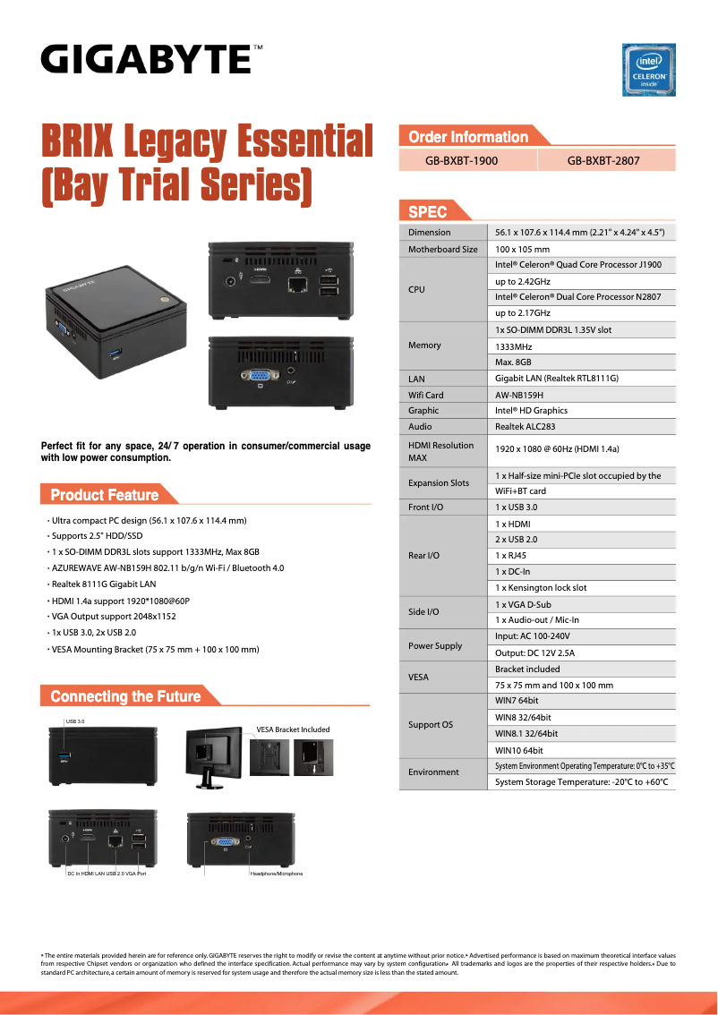 Page 1 of the manual Technical Sheet Gigabyte GB-BXBT-2807