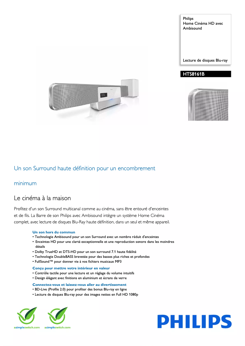 Page 1 de la notice Fiche technique Philips HTS8161B
