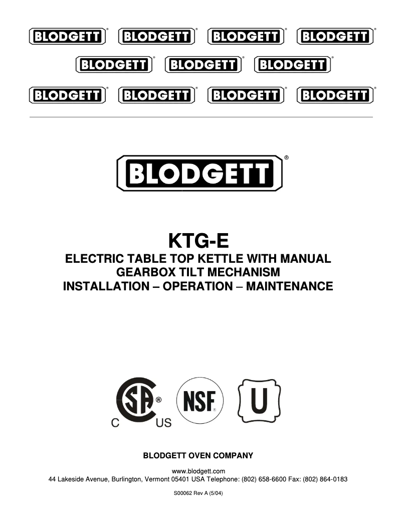 Page 1 de la notice Manuel utilisateur Blodgett KTG-12E