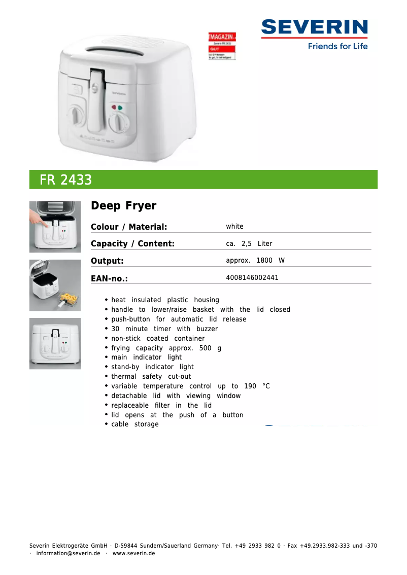 Page 1 de la notice Fiche technique Severin FR 2433
