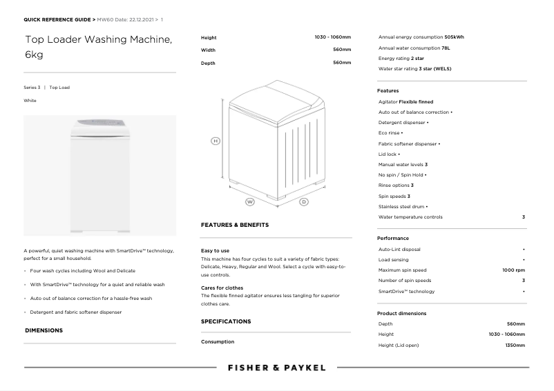 Page n°1 - Manuel utilisateur Fisher & Paykel MW60