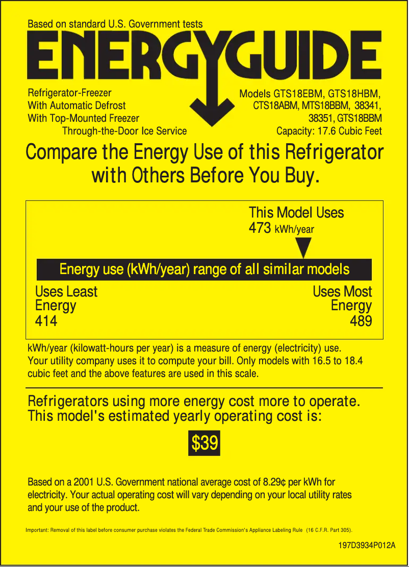Página 1 del manual Etiqueta energética GE GTS18EBMWW