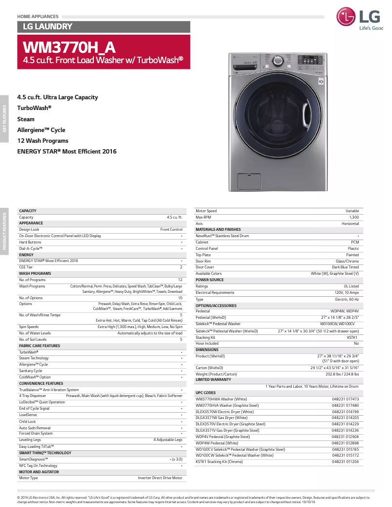 Page 1 de la notice Fiche technique LG WM3770HA