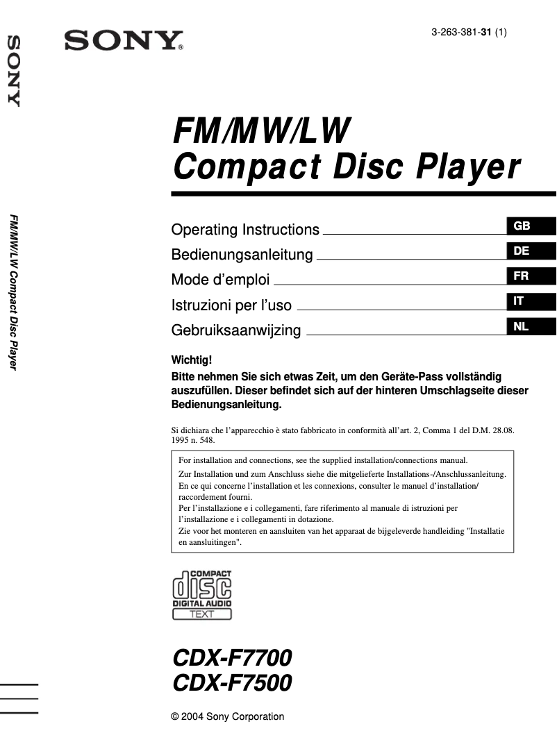 Page n°1 - Mode d'emploi Sony CDX-F7500