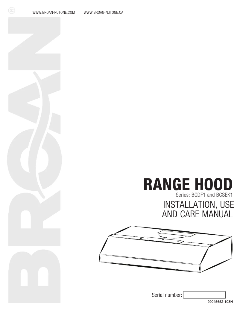 Page n°1 - Guide d'installation Broan BCSEK130SL