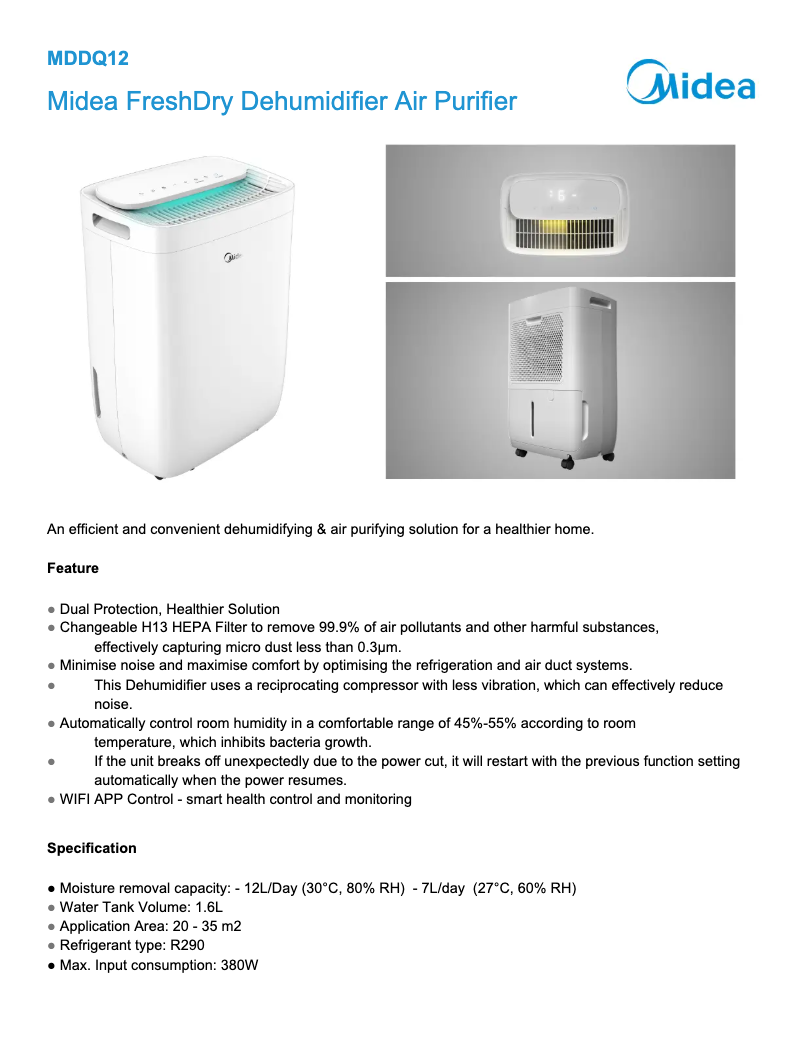 Page 1 de la notice Fiche technique Midea MDDQ12