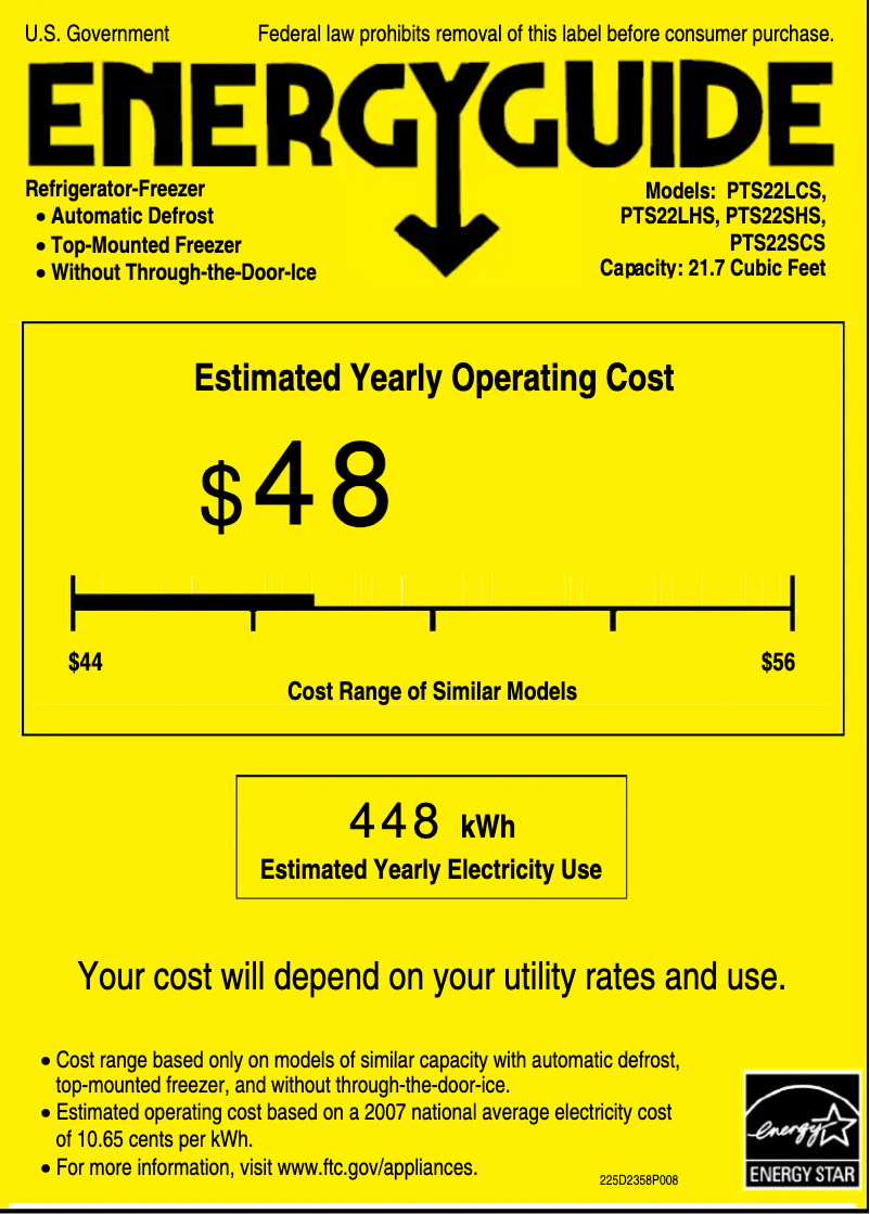 Page 1 de la notice Label énergétique GE PTS22LCSWW
