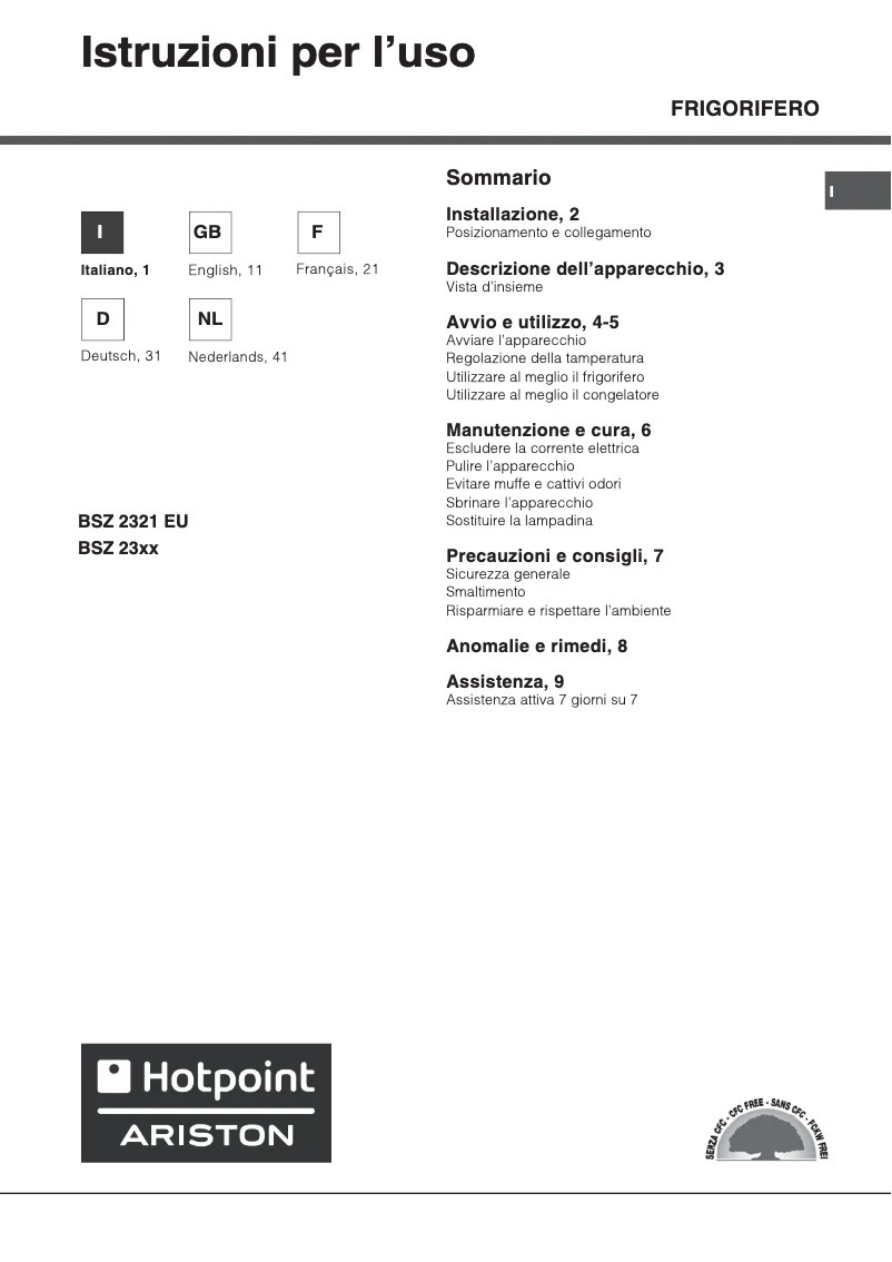 Page 1 de la notice Manuel utilisateur Hotpoint BSZ 2333