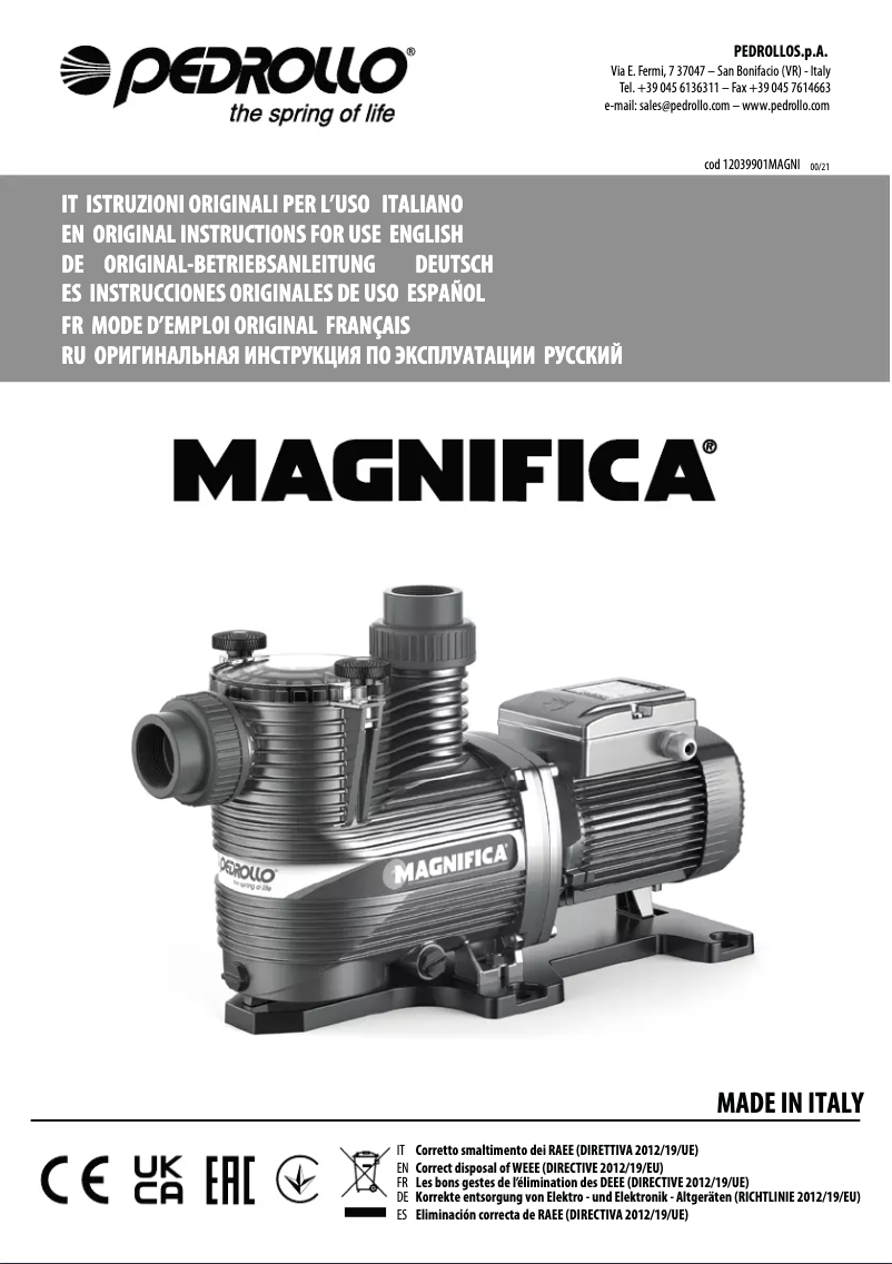 Page 1 de la notice Manuel utilisateur Pedrollo Magnifica
