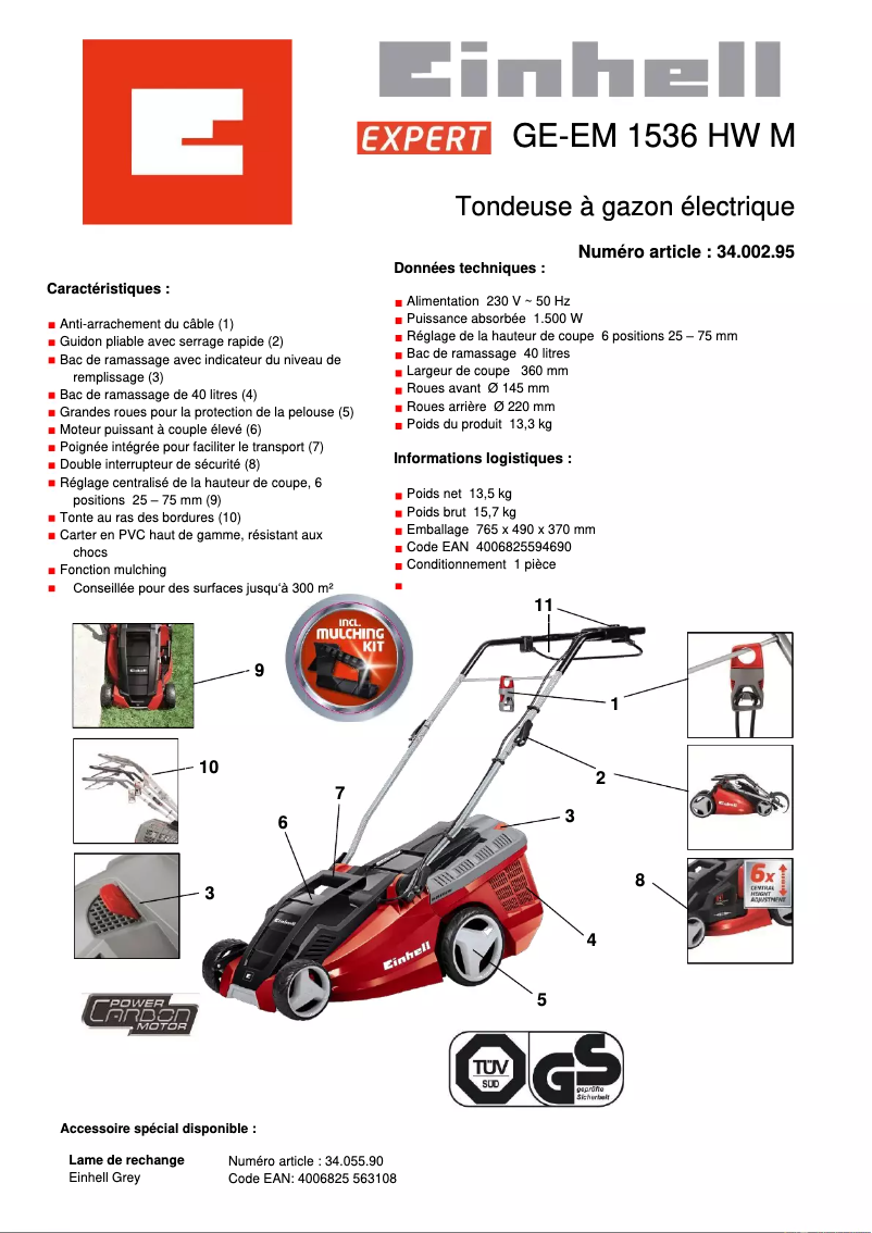 Page 1 de la notice Fiche technique Einhell GE-EM 1536 HW M