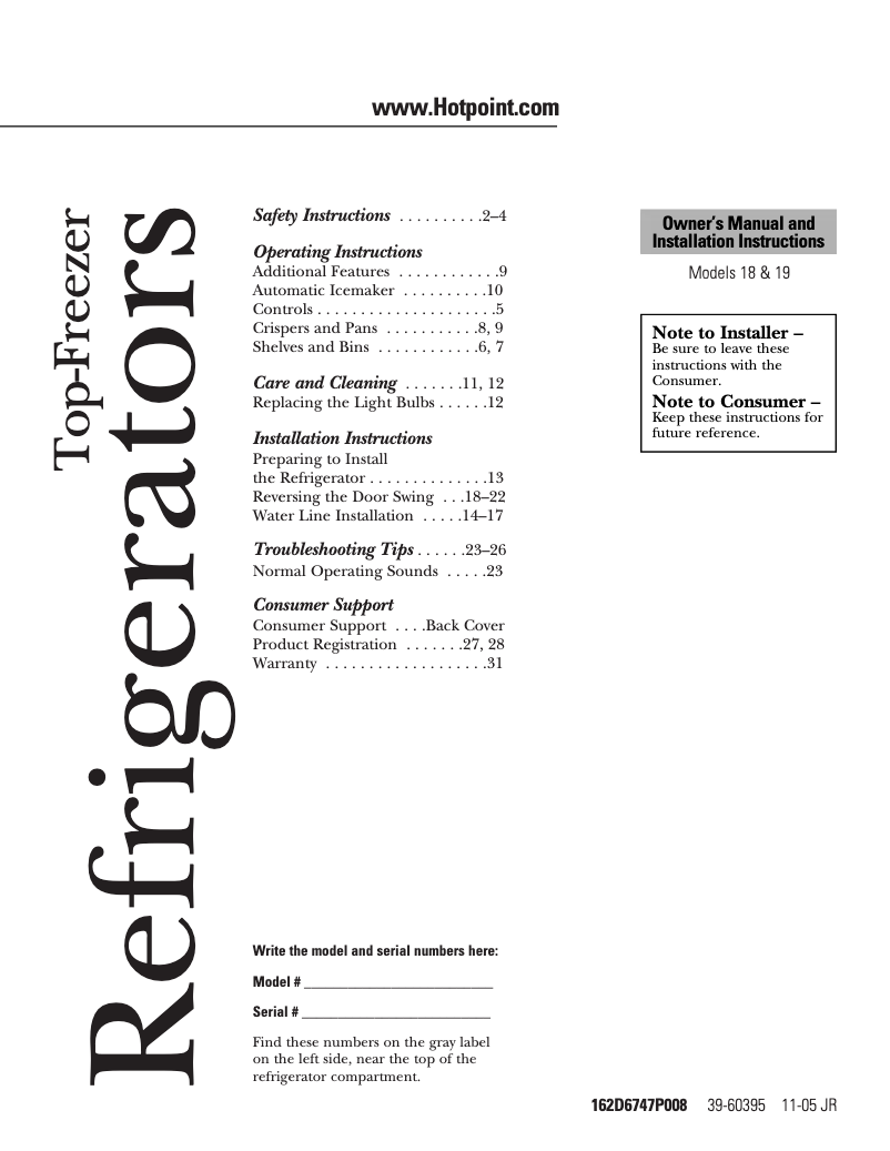 Page n°1 - Manuel d'utilisation et d'entretien Hotpoint HTS18IBPWW