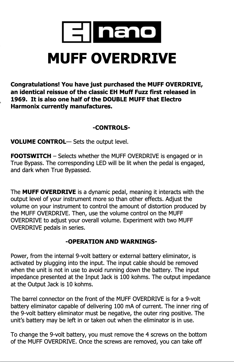 Page n°1 - Manuel utilisateur Electro Harmonix Muff Overdrive