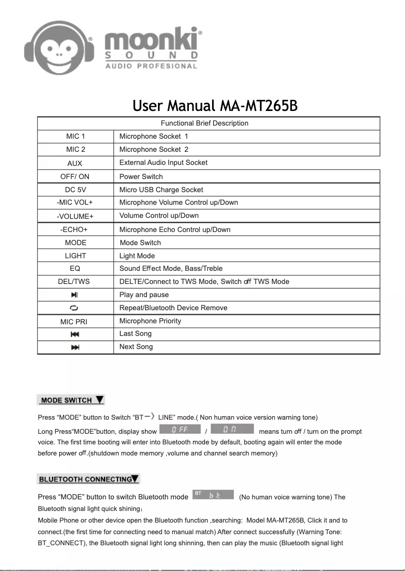 Page 1 de la notice Manuel utilisateur Moonki MA-MT265B