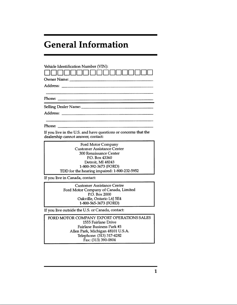 Page n°1 - Manuel d'utilisation et d'entretien Ford Windstar (1996)