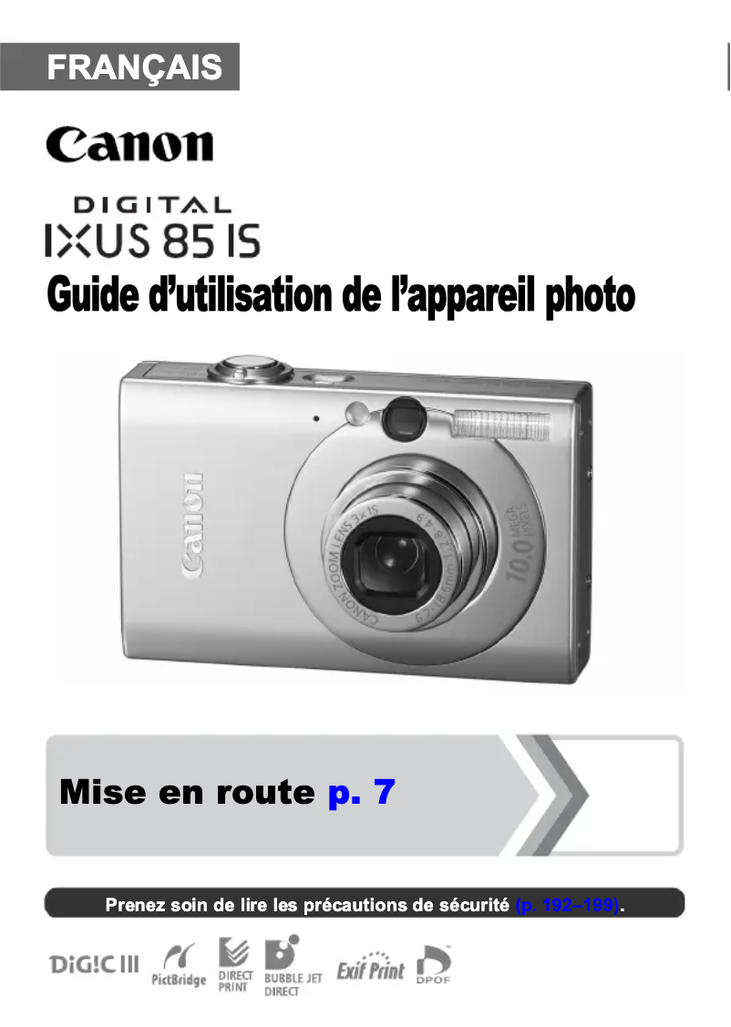 Page 1 de la notice Manuel utilisateur Canon Digital IXUS 85 IS