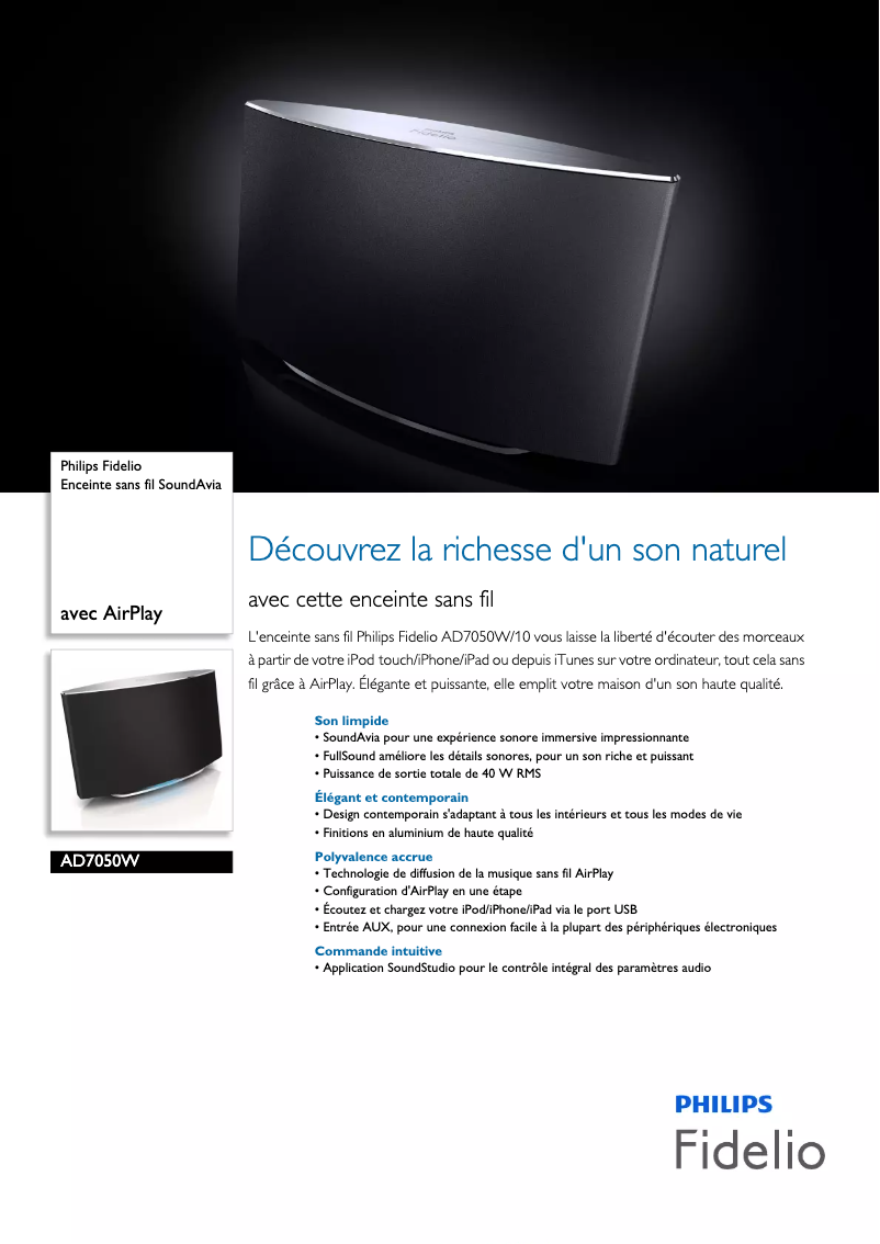Page 1 de la notice Fiche technique Philips Fidelio AD7050W