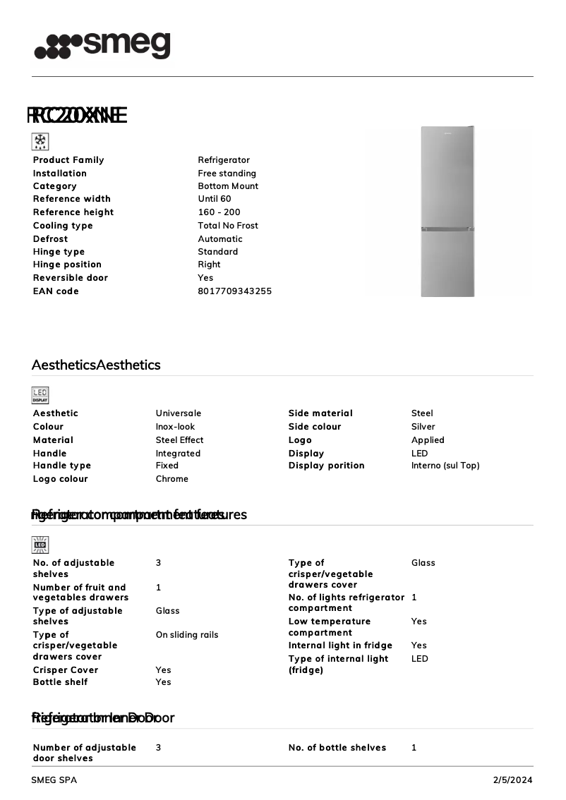 Page n°1 - Fiche technique Smeg RC20XNE