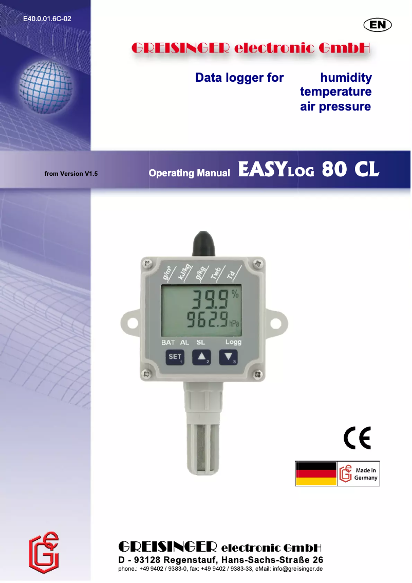 Page n°1 - Manuel utilisateur Greisinger EASYlog 80 CL