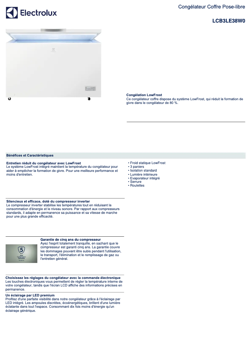 Page 1 de la notice Fiche technique Electrolux LCB3LE38W0