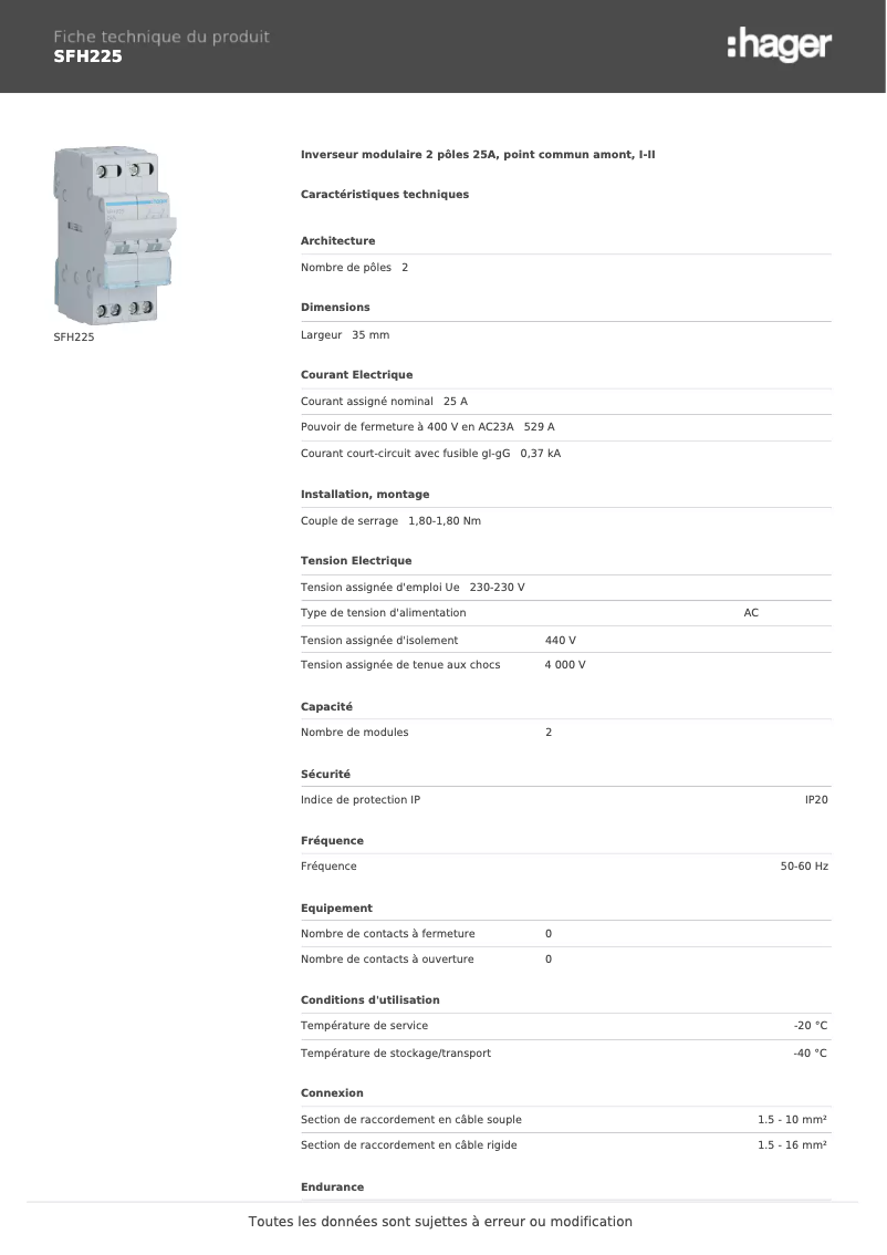 Page n°1 - Fiche technique Hager SFH225