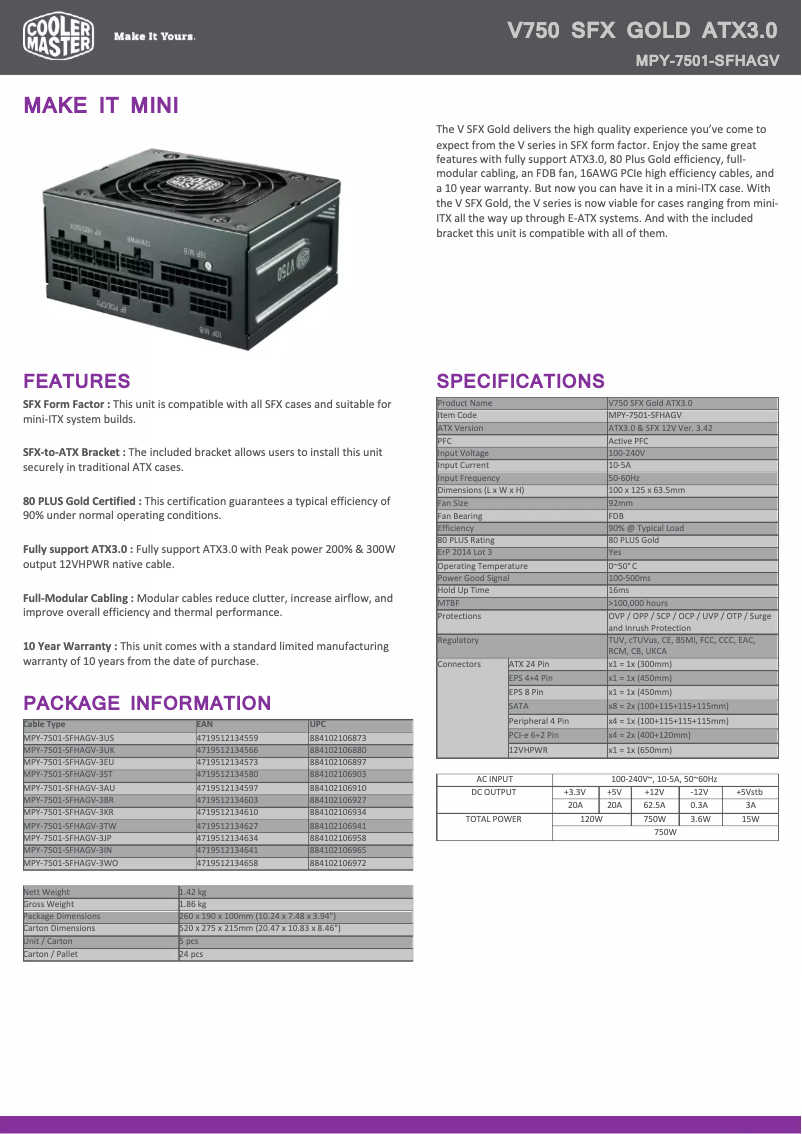 Page n°1 - Fiche technique Cooler Master SFX Gold 750
