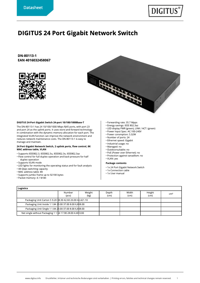 Page n°1 - Fiche technique Digitus DN-80113-1