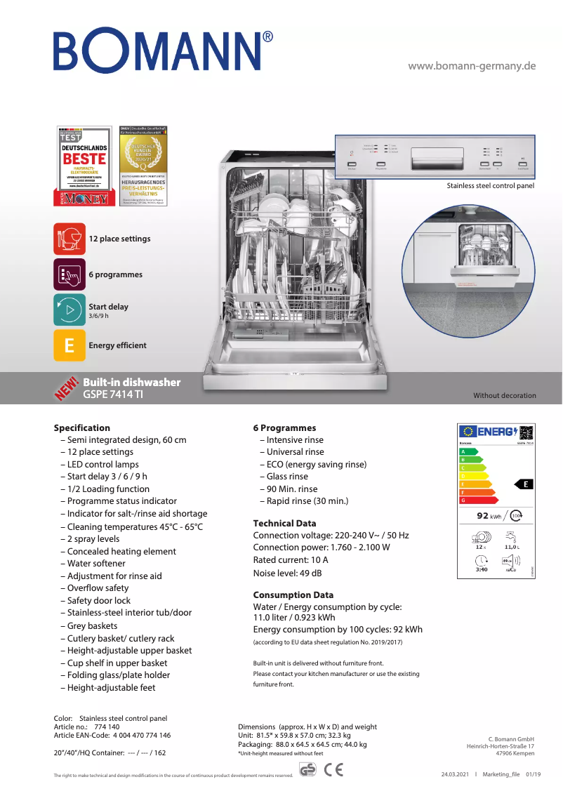 Page n°1 - Fiche technique Bomann GSPE 7414 TI