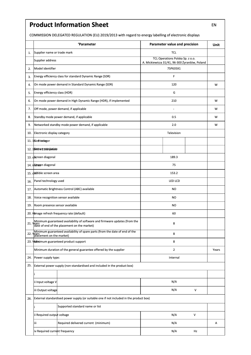 Page 1 de la notice Fiche technique TCL 75P635