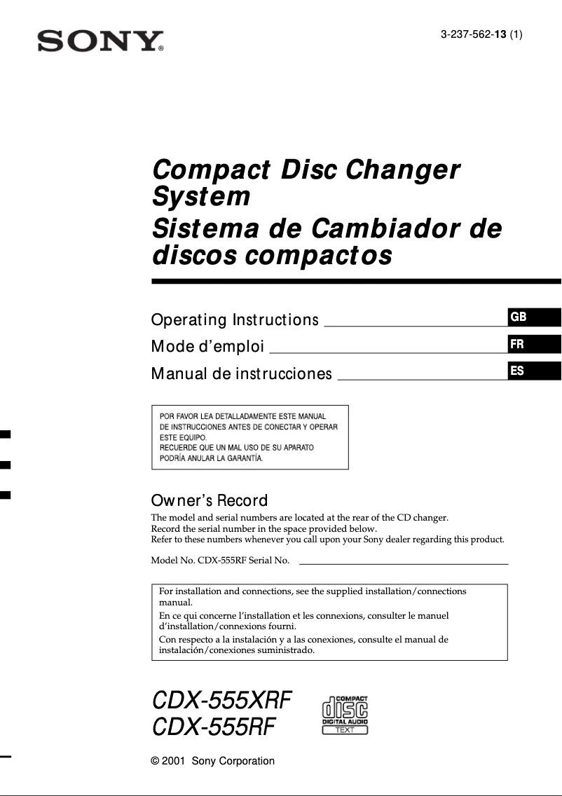 Page n°1 - Manuel utilisateur Sony CDX-555RF
