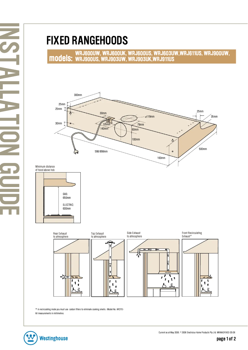 Page n°1 - Guide d'installation Westinghouse WRJ911US