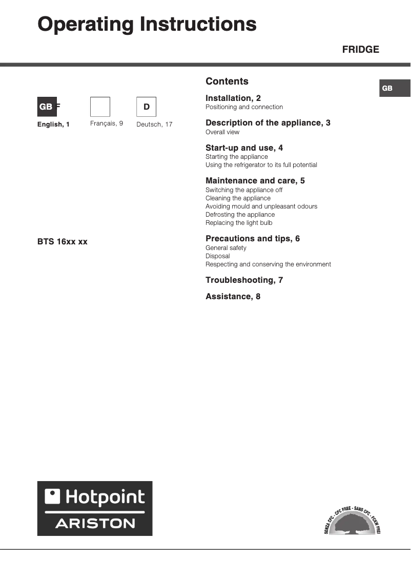 Page n°1 - Manuel utilisateur Hotpoint BTS 1621 EU HA