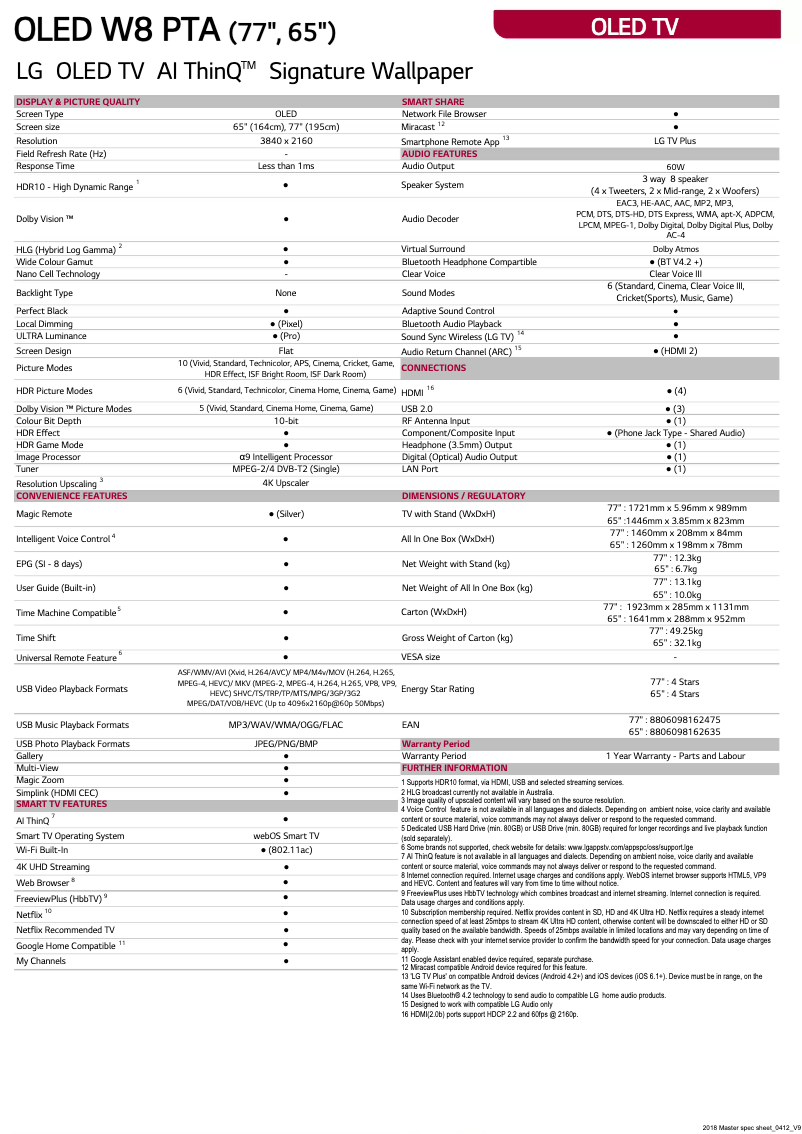 Page n°1 - Fiche technique LG OLED65W8PTA