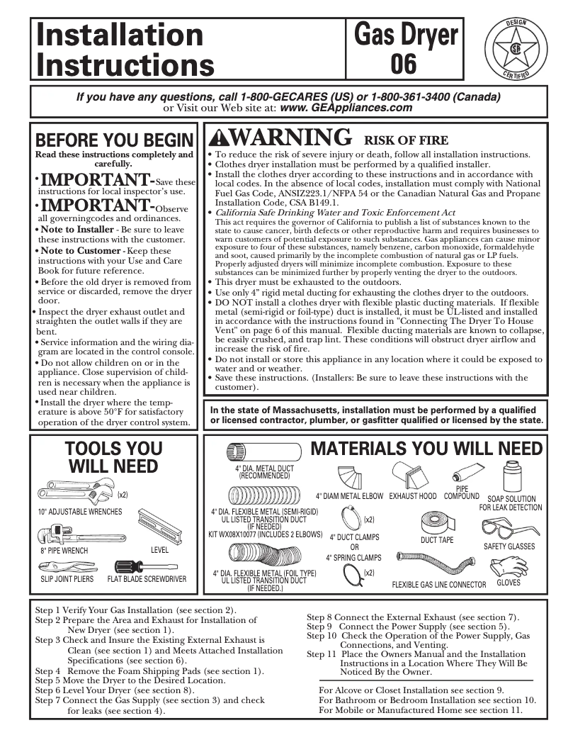 Page 1 de la notice Guide d'installation GE DJXR433GGWW