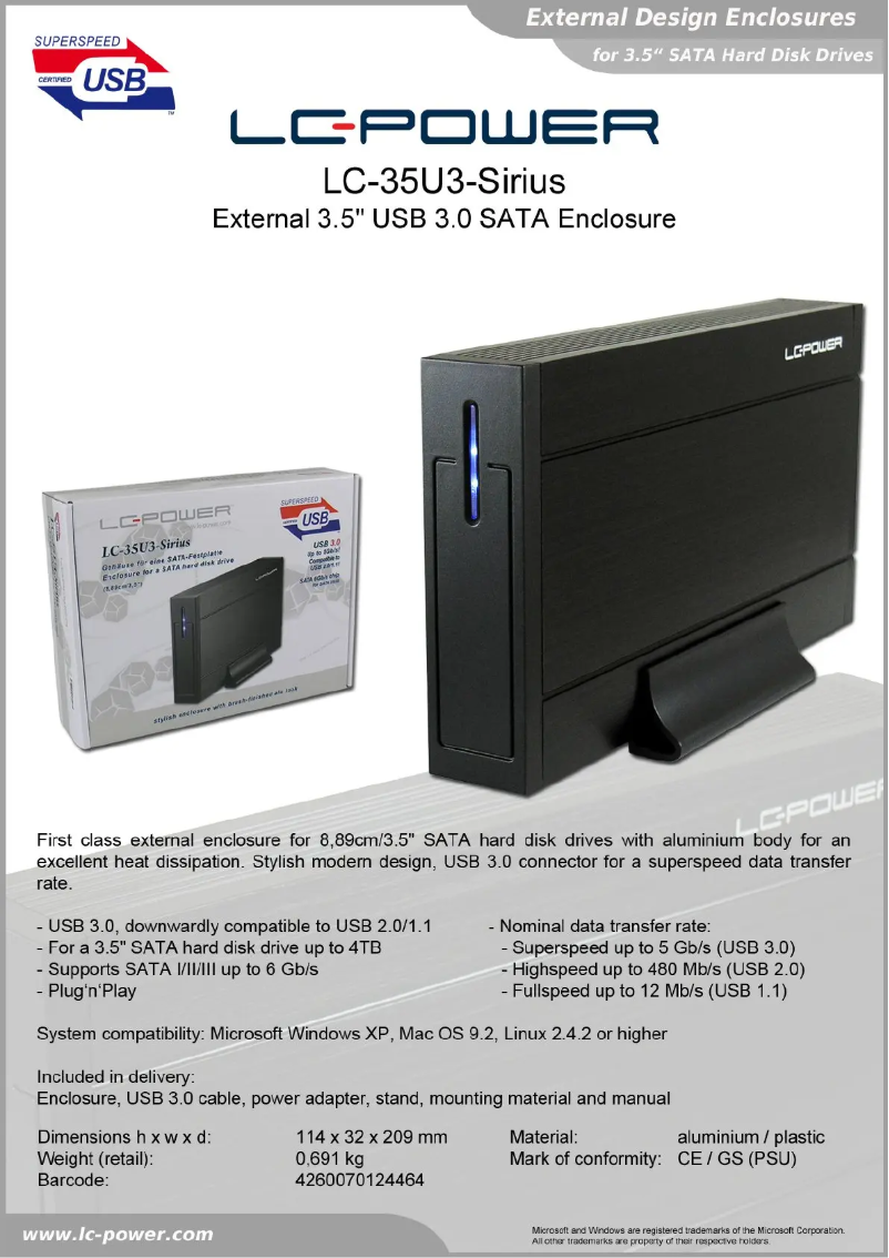 Page 1 de la notice Fiche technique LC-Power LC-35U3-Sirius