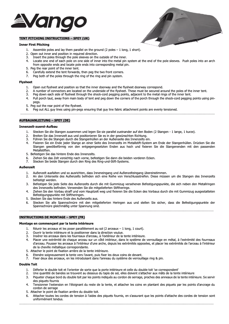 Page 1 de la notice Manuel utilisateur Vango Spey 200