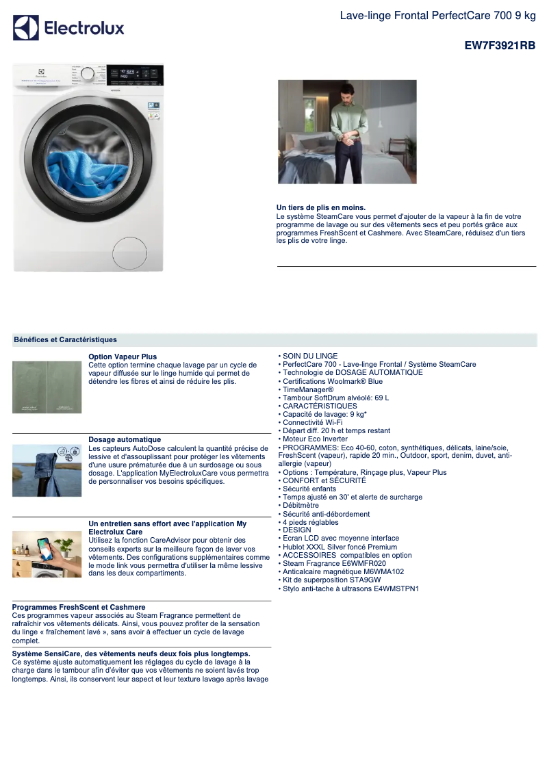 Page n°1 - Fiche technique Electrolux EW7F3921RB