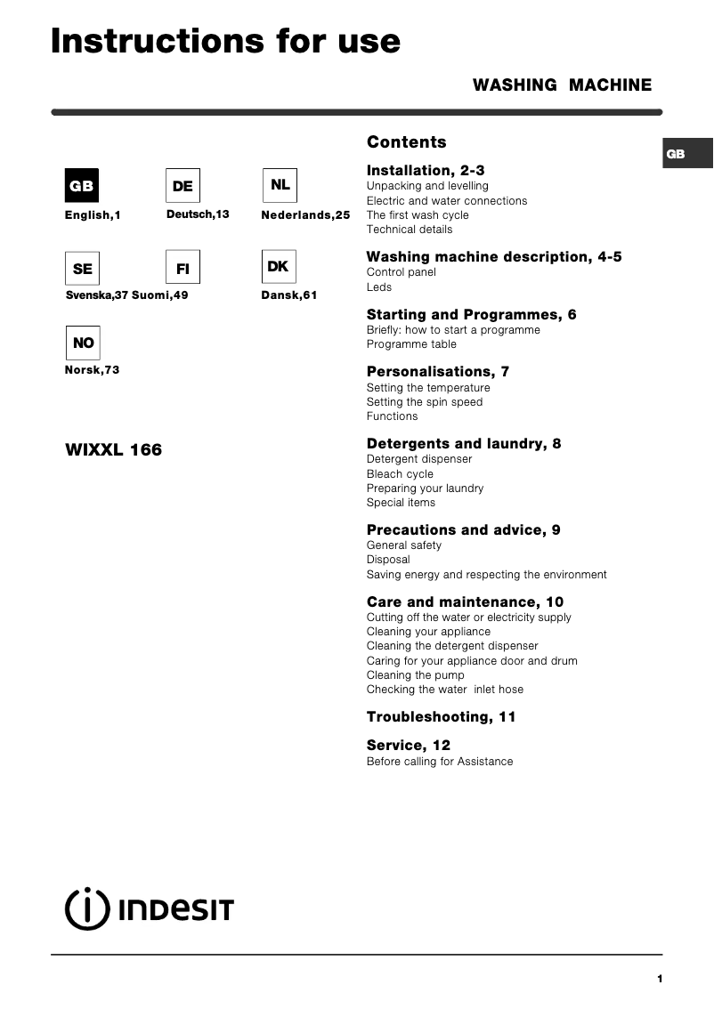 Page n°1 - Manuel utilisateur Indesit WIXXL 166 (EU).R