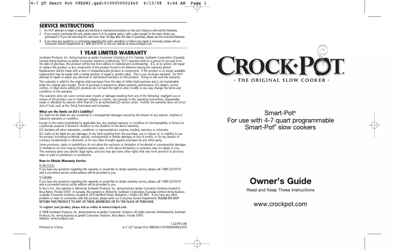 Page 1 de la notice Manuel utilisateur Crock-Pot Smart-Pot 38501-C