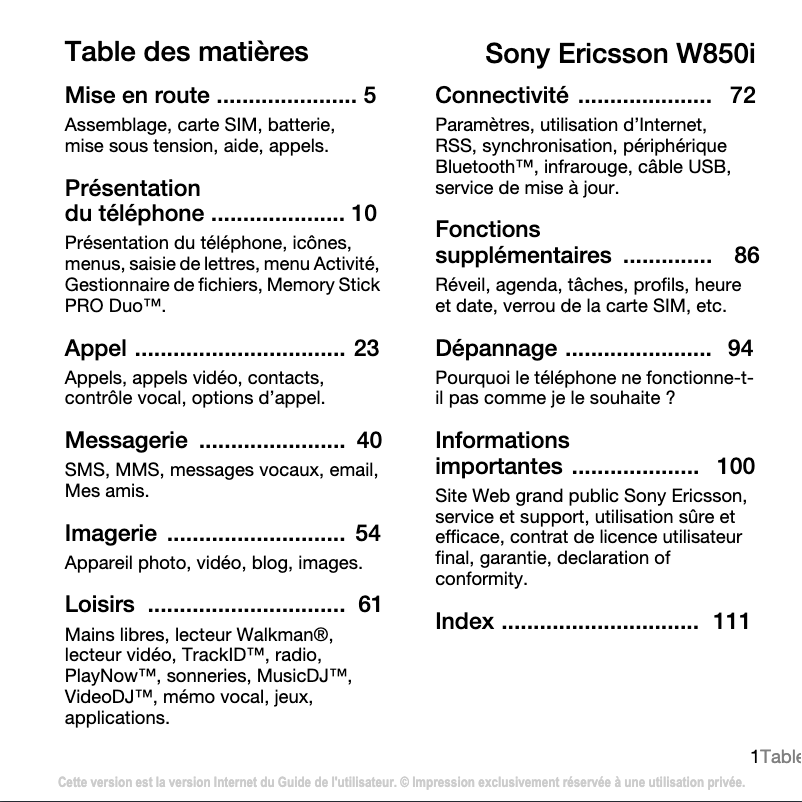 First page image of the manual for W850i