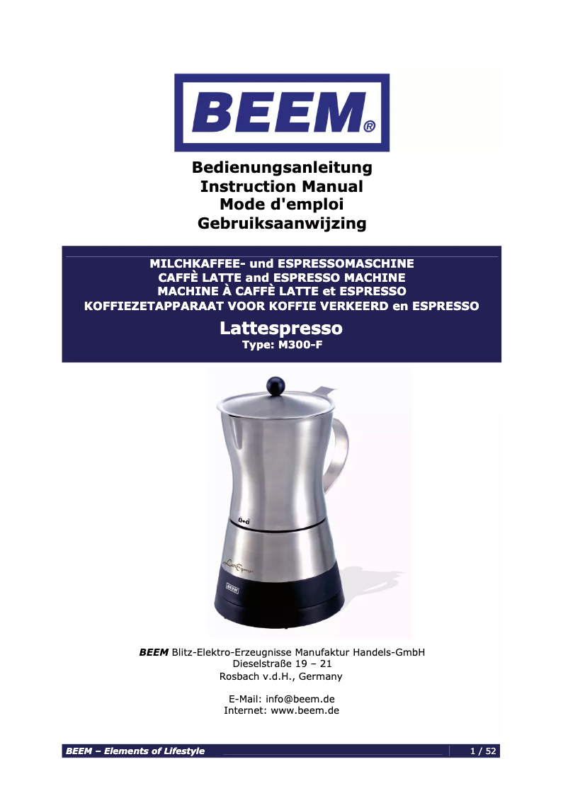 Page 1 de la notice Manuel utilisateur BEEM Lattespresso M300-F