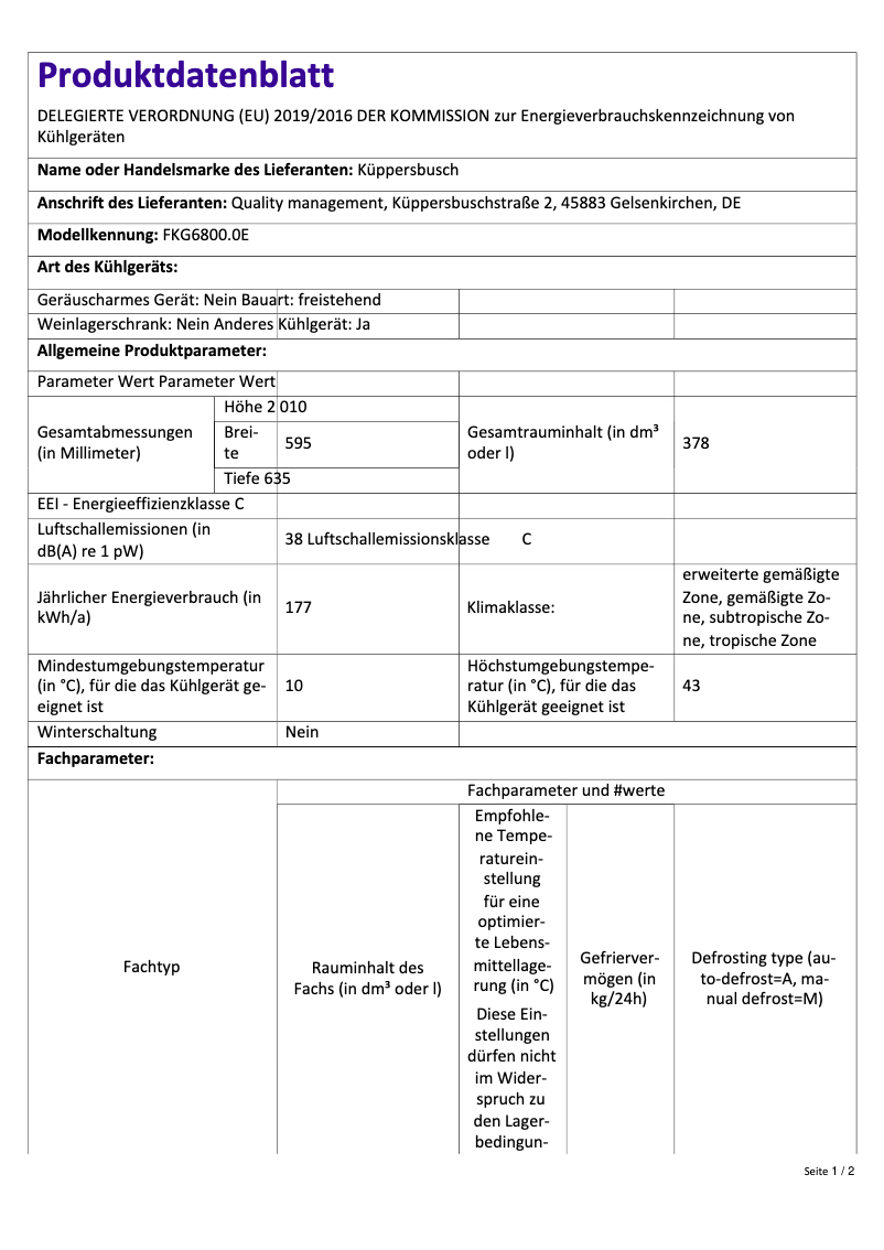 Page 1 de la notice Label énergétique Küppersbusch FKG6800.0E