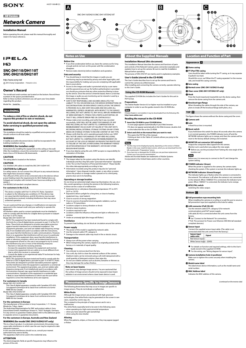 Page 1 de la notice Guide d'installation Sony SNC-DH210