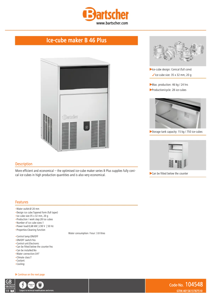 Page 1 de la notice Fiche technique Bartscher B 46 Plus 104548