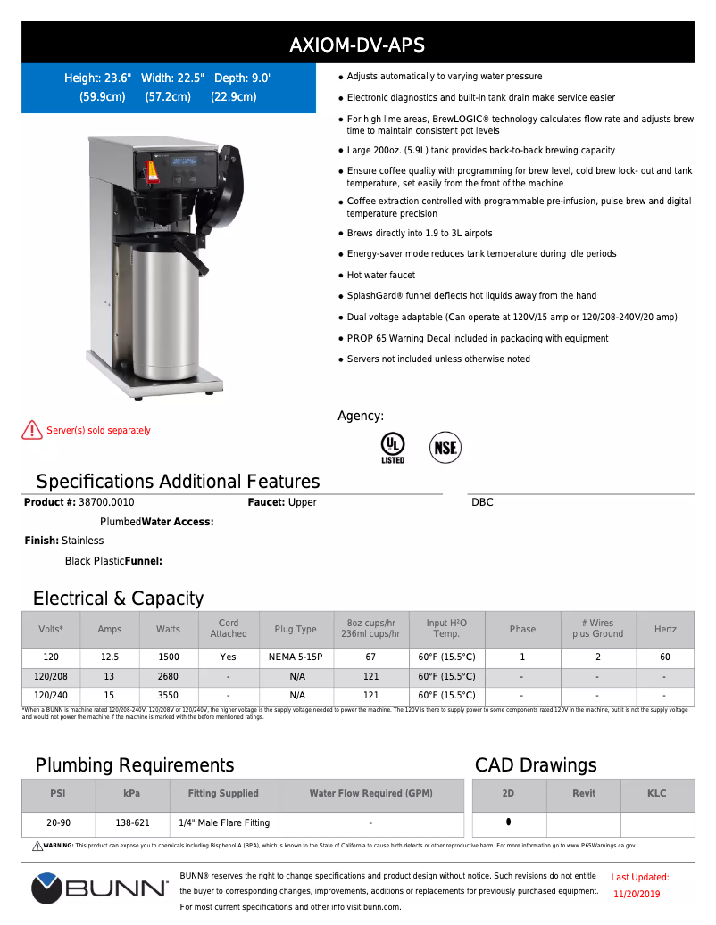 Page 1 de la notice Fiche technique Bunn Axiom Series