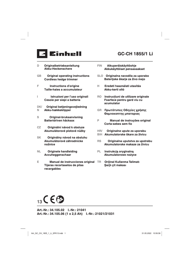 Page n°1 - Manuel utilisateur Einhell GE-CH 1855/1 Li