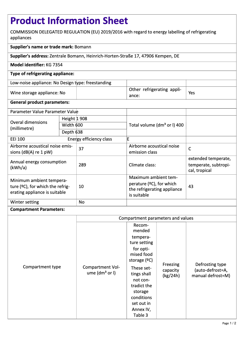Page 1 de la notice Fiche technique Bomann KG 7354 IX