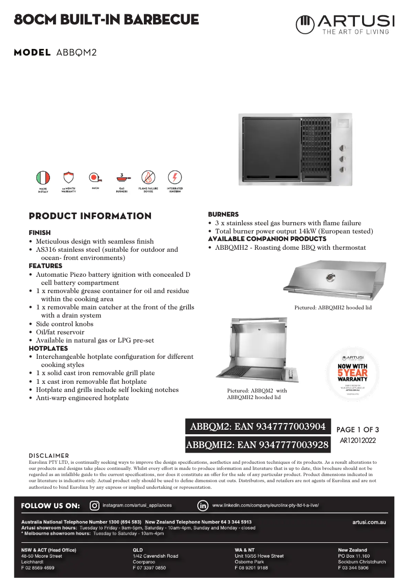 Page 1 de la notice Fiche technique Artusi ABBQM2