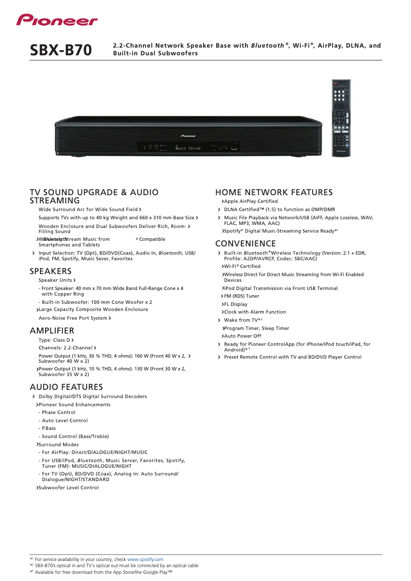 Page 1 de la notice Fiche technique Pioneer SBX-B70
