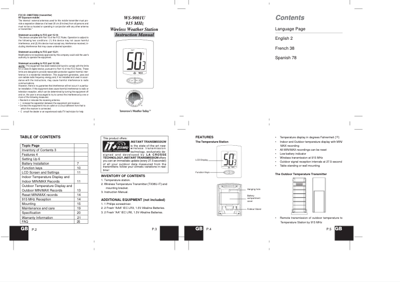 Page 1 de la notice Manuel utilisateur La Crosse Technology WS-9001U-IT