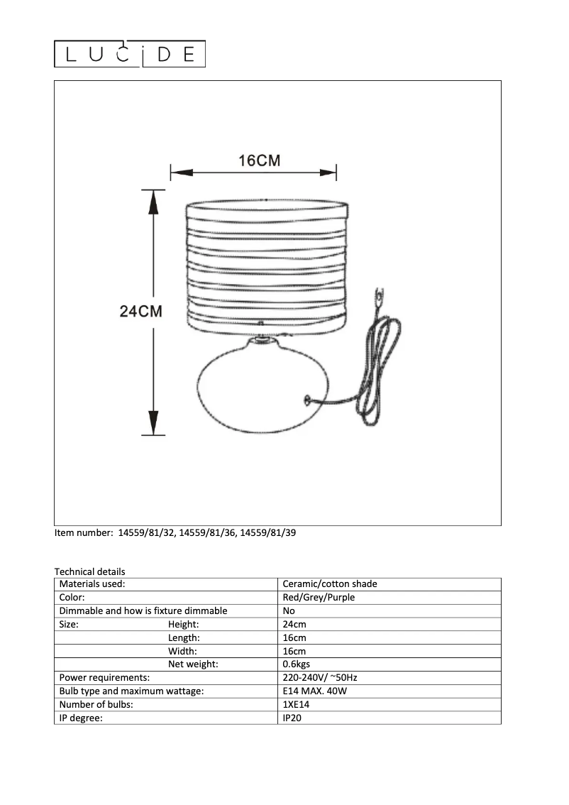 Page n°1 - Manuel utilisateur Lucide Tina 14559/81/36